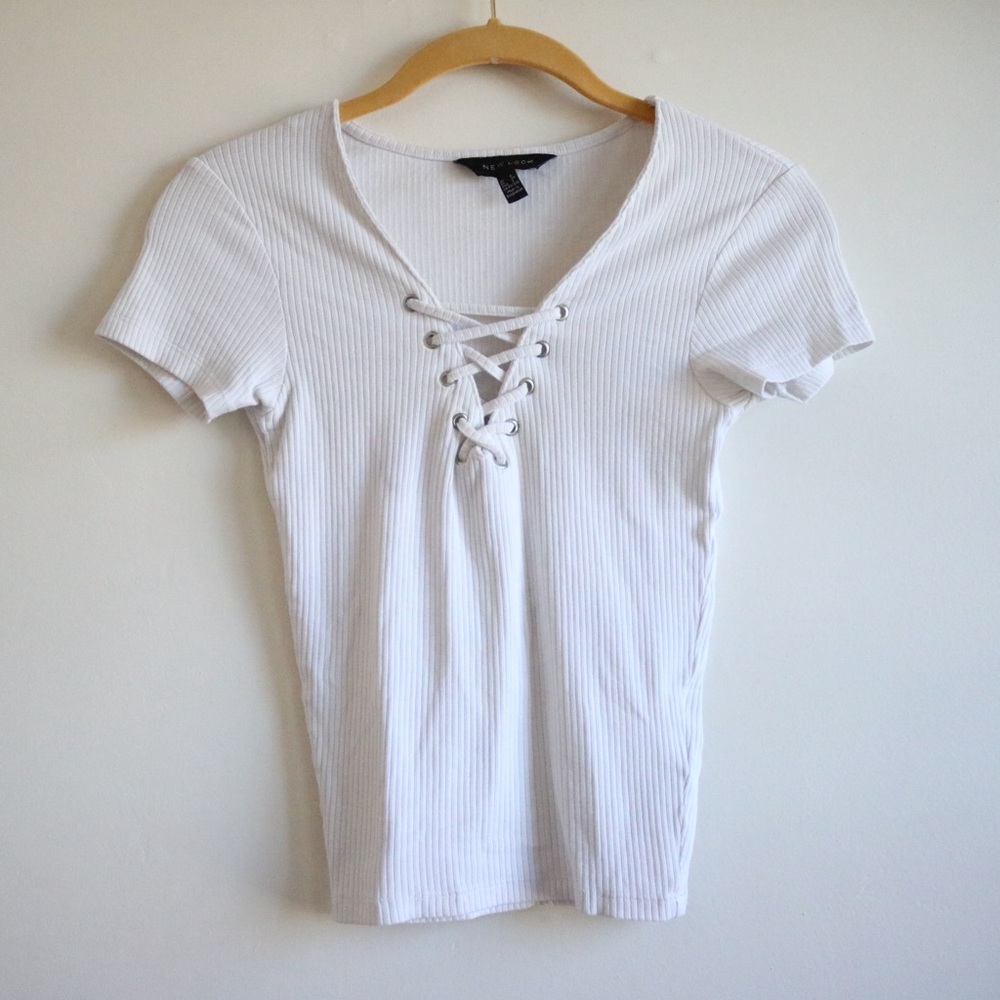 New Look White Ribbed Cropped Lace Up Short Sleeve Tee
